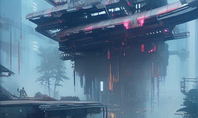 Cyberpunk Water Treatment Plant Amidst Traditional Japanese...