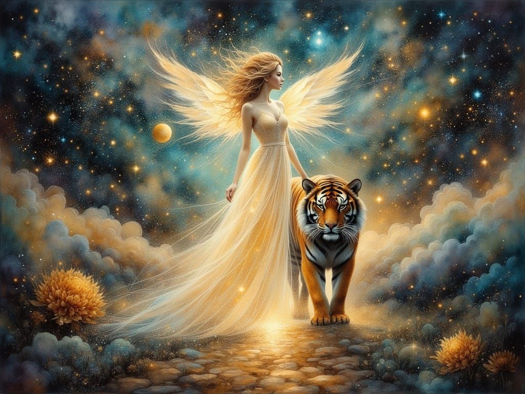 Ethereal Celestial Being and Tiger in Stardust Dreamscape