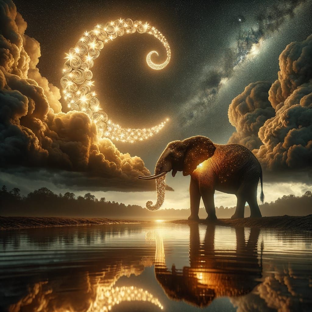 Elephant Under Crescent Moon in Surreal Starlight
