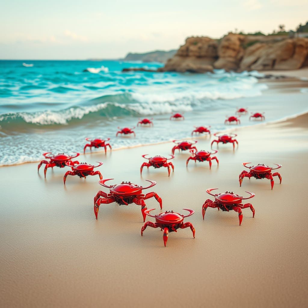 Futuristic Robots Inhabiting a Golden Beach
