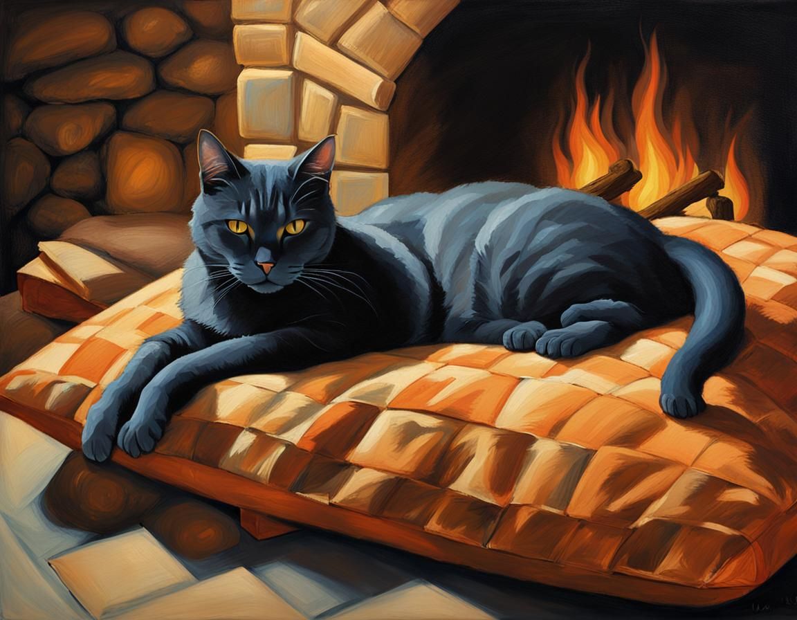 Cat Sleeping by Fireplace in Sfumato Style