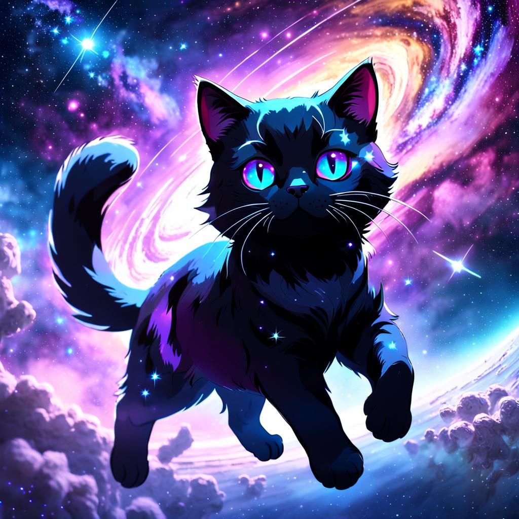 Cute Cat Floating in Space, Digital Matte Painting