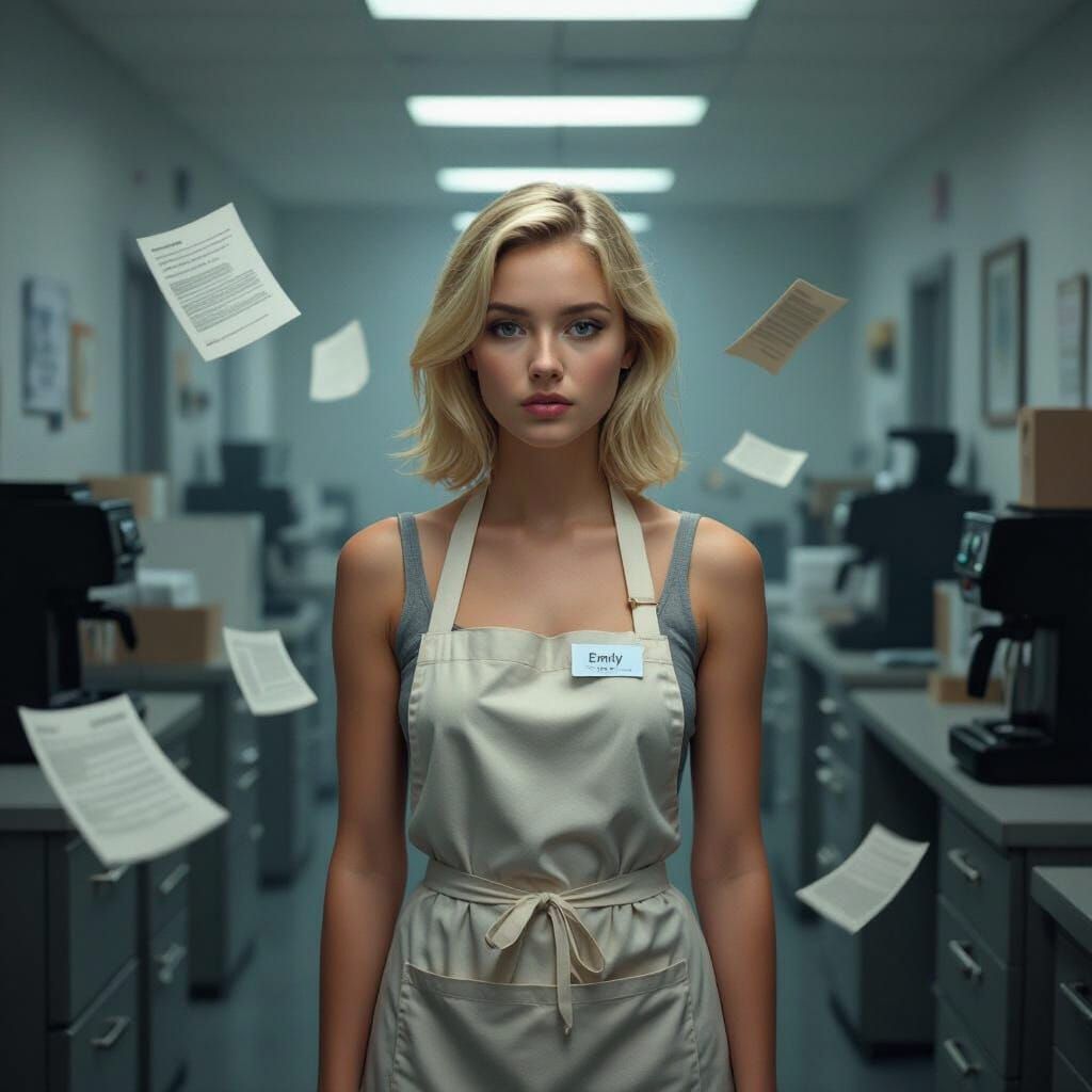 Young Woman in Surreal Office Corridor