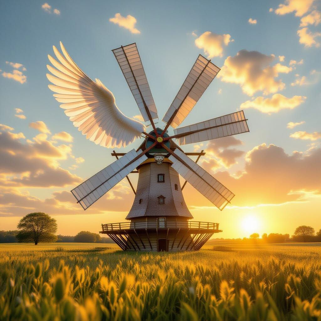 Whimsical Windmill with Dove Wings in Golden Hour Meadow