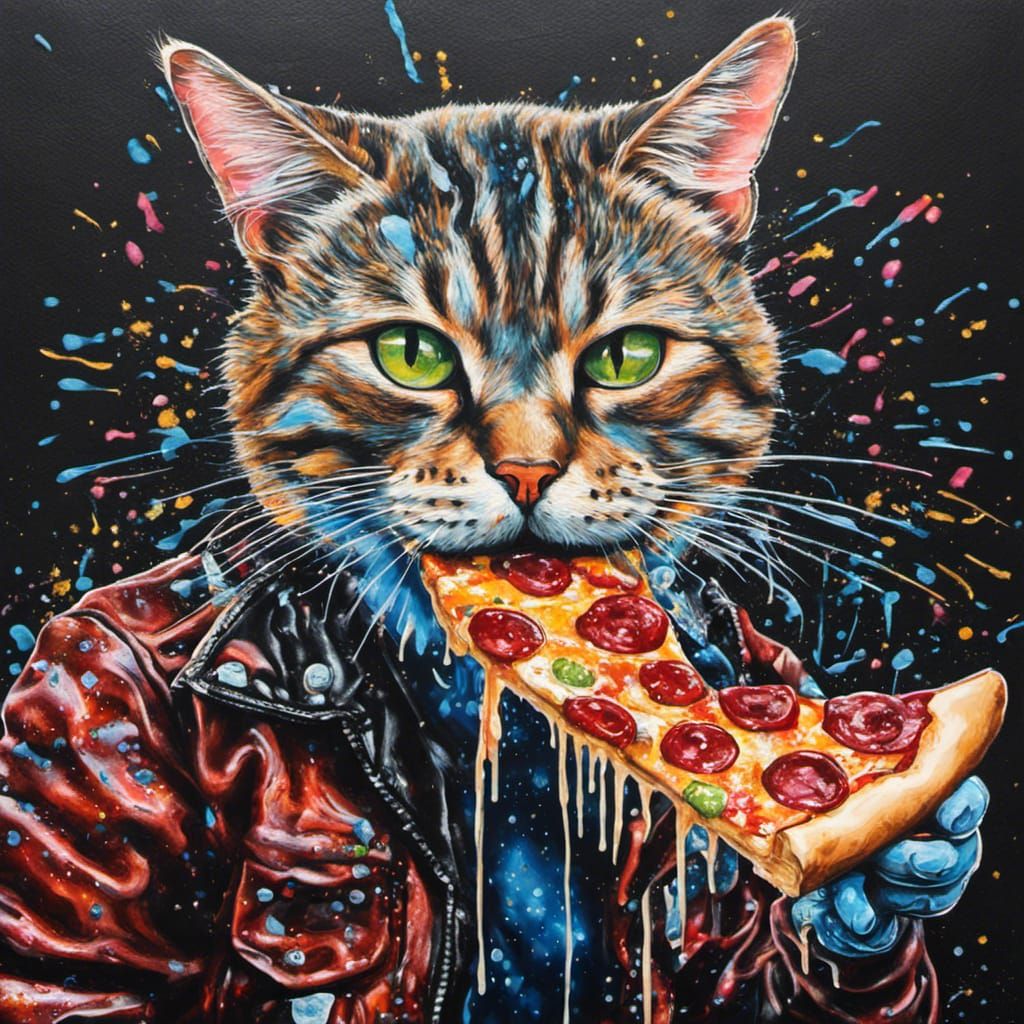 Cat Eating Pizza in Graffiti Street Art Style