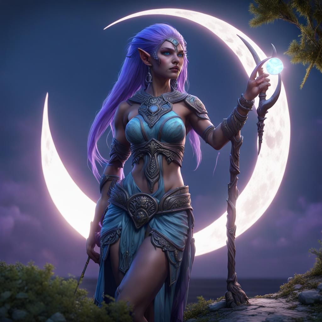 Moon Elf with Staff and Portal: Dark Fantasy Art