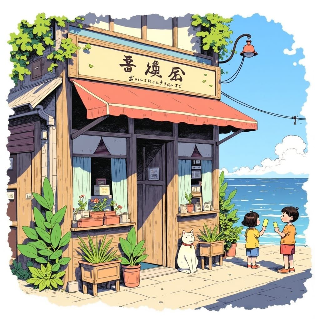 A Japanese Corner Store Scene in Summer with a Cat and Child...