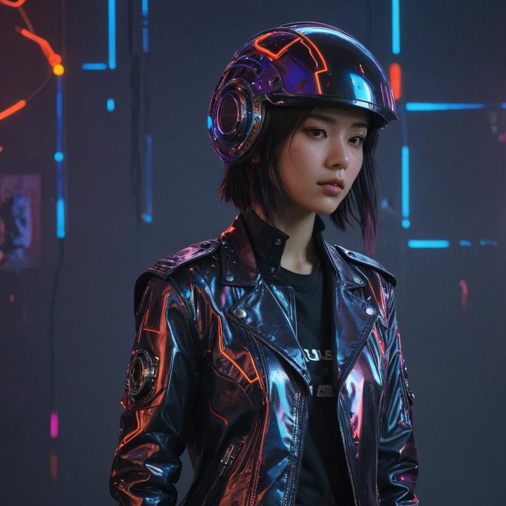 Cyberpunk Woman with Musical Notes in Citypop Style