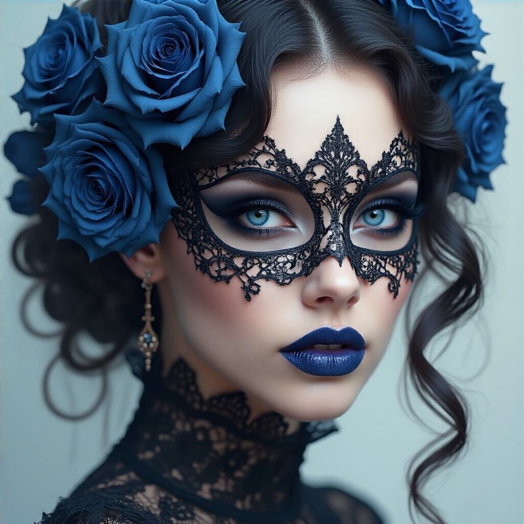 Gothic Woman with Blue Roses and Lace Mask