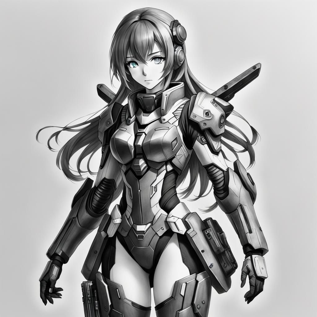 Hyperdetailed Sci-Fi Anime Girl Charcoal Drawing