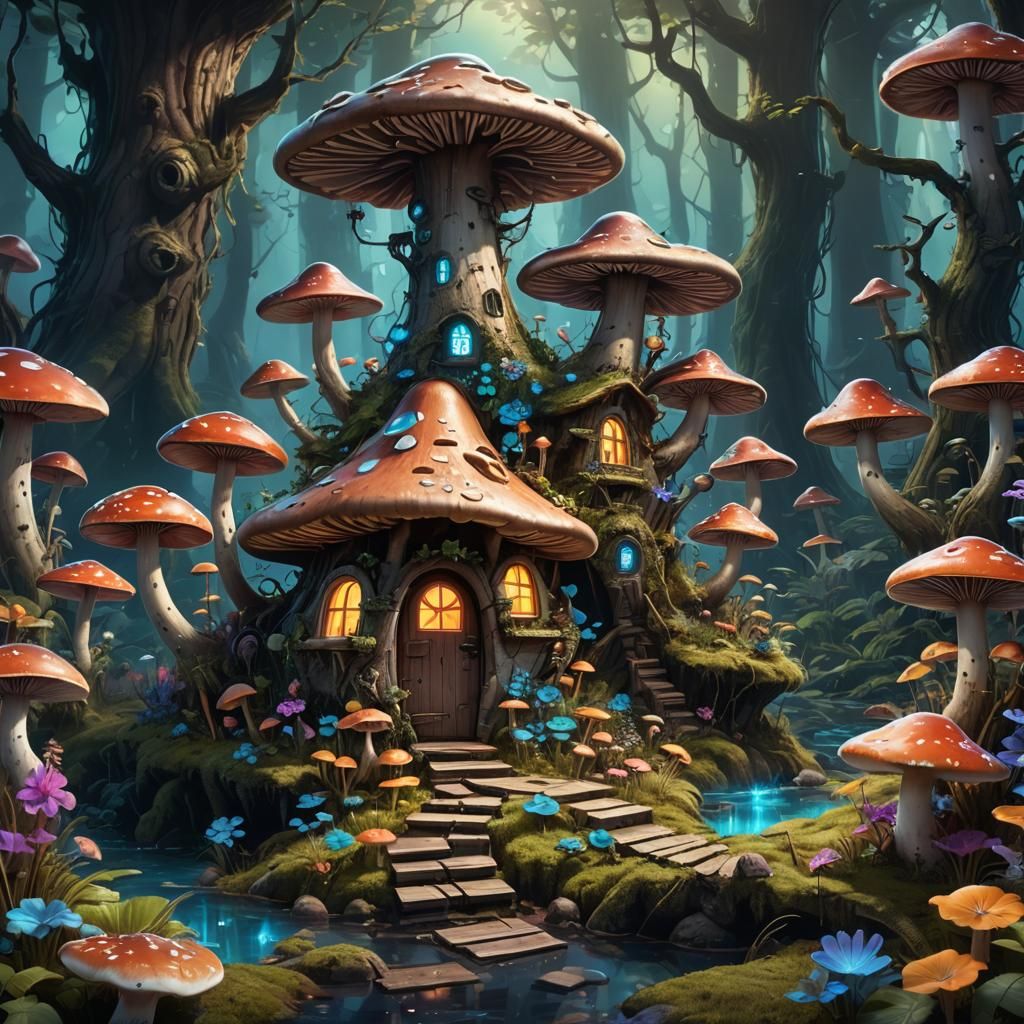 Enchanted Mushroom House in Bioluminescent Graffiti Forest