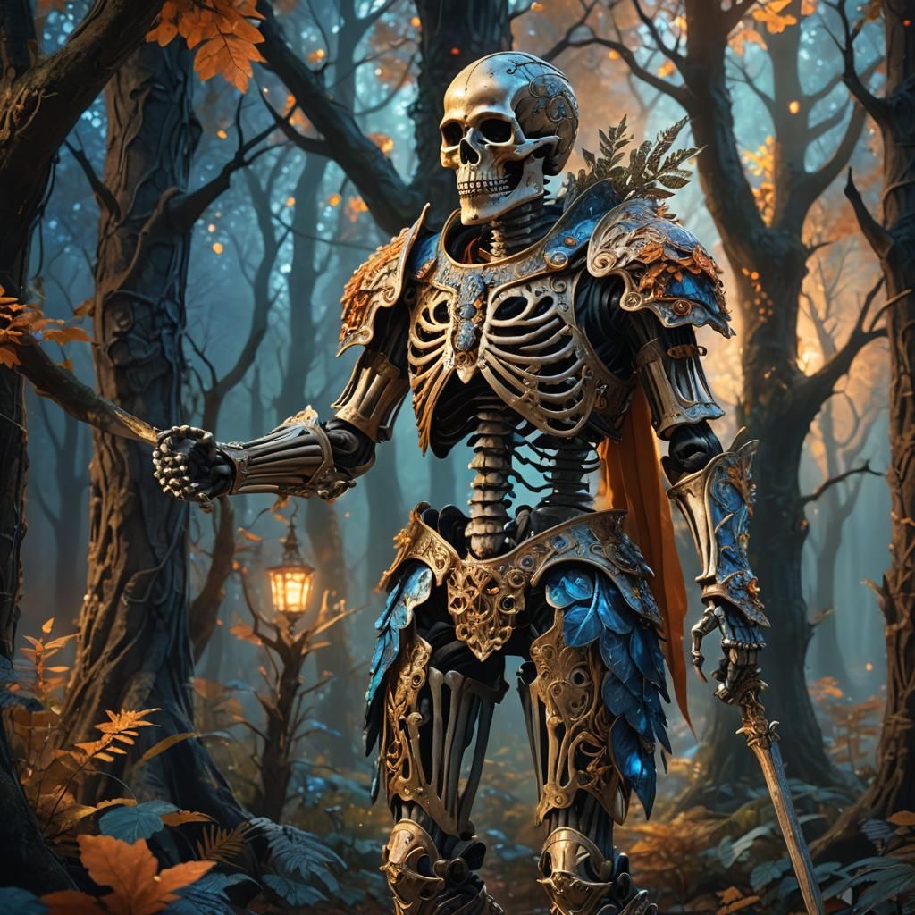 Armored Skeleton in Mystical Forest: Fantasy Art