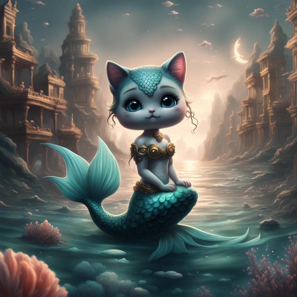 Mermaid Chibi Kitten Digital Painting