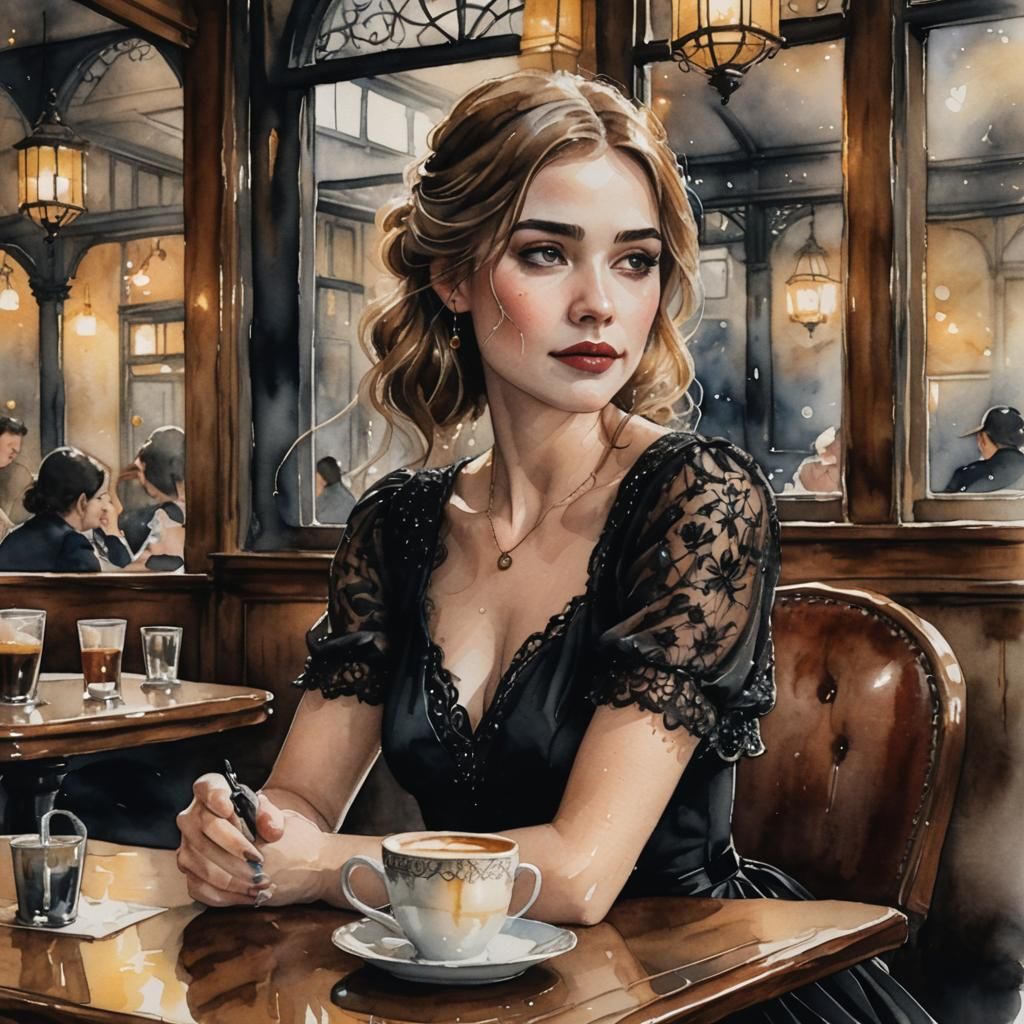 Girl in Vintage Restaurant, Watercolor and Charcoal