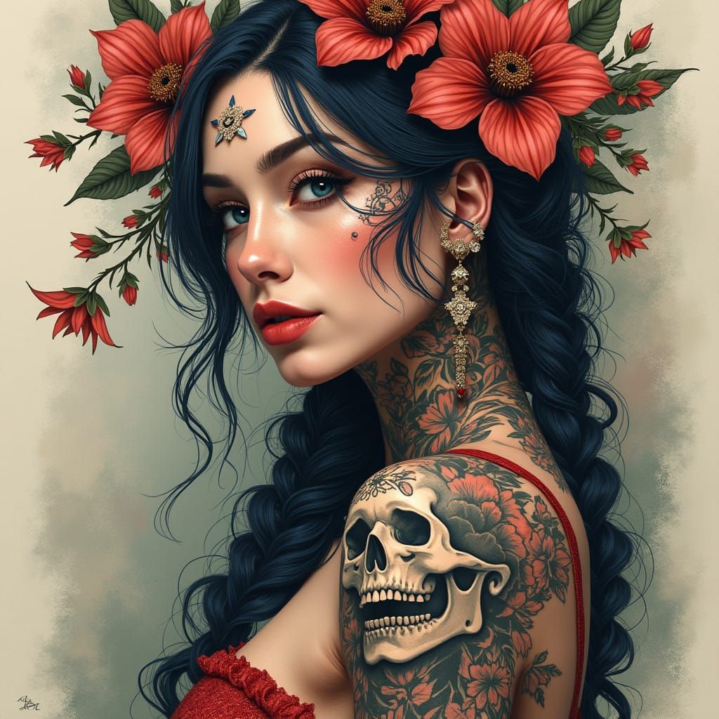 Vintage Ink Portrait with Vines and Flowers