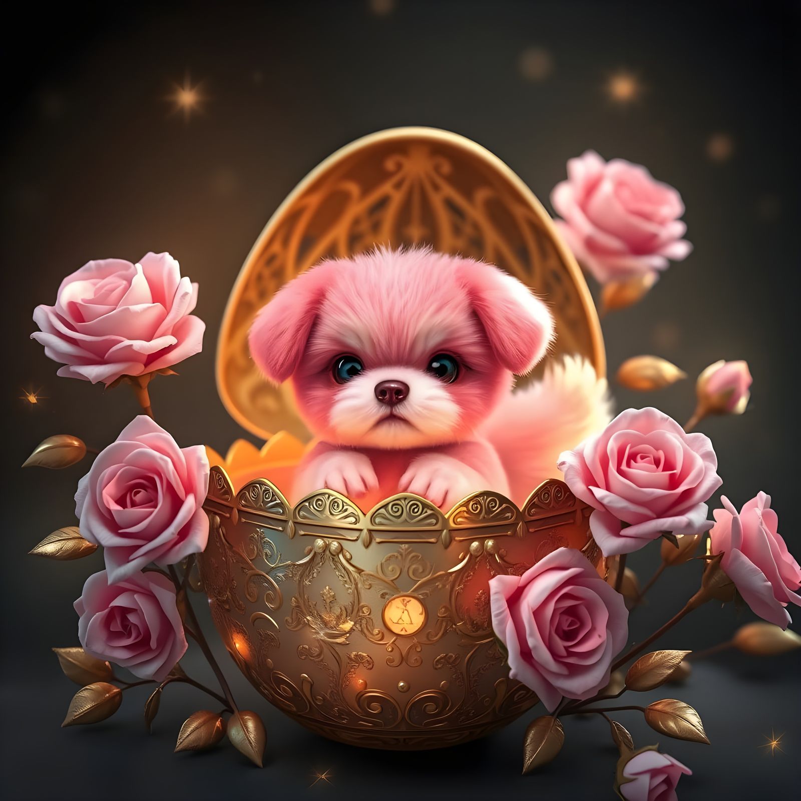 Enchanted Pink Puppy in Golden Eggshell Wonderland