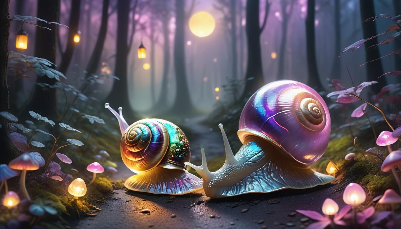 Mystical Glass Snail City at Night: Fantasy Art