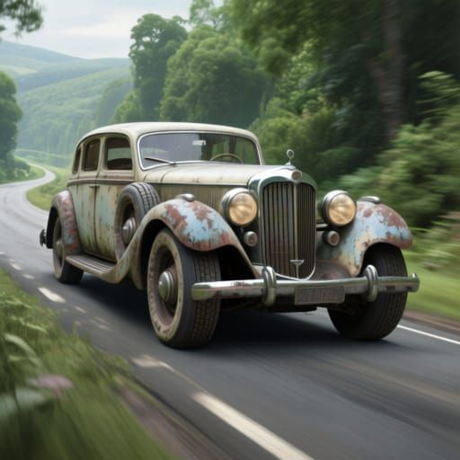 Elegant Vintage Car With Worn Tires on Scenic Road