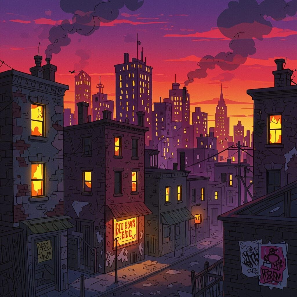 Gritty Animated Cityscape at Dusk, Ralph Bakshi Style