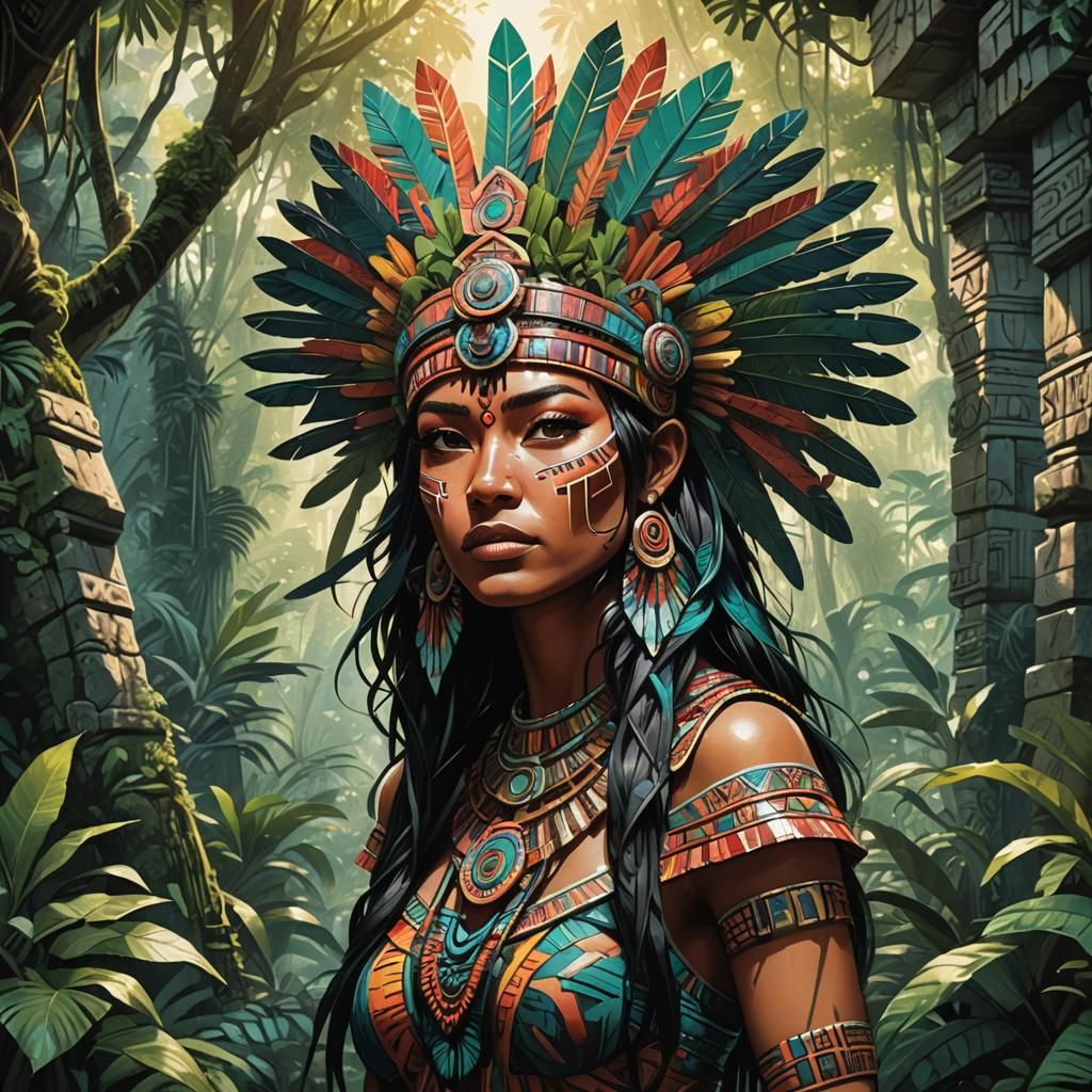 Aztec Girl in Mayan Ruins: Expressive Illustration