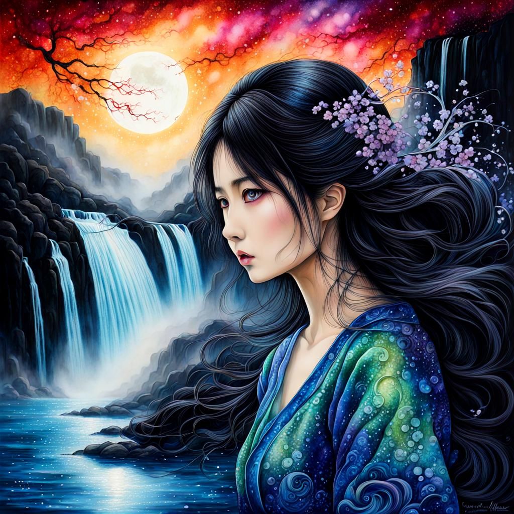 Eerily Sparkling Waterfalls in Dark Fantasy Style