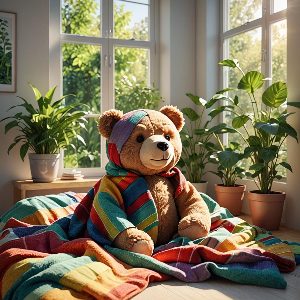 Teddy Bear Bed in Morning Sunlight: 3D Rendering