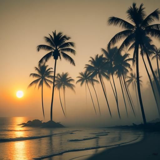 Haunted Sunset: Palm Trees in Ethereal Mist