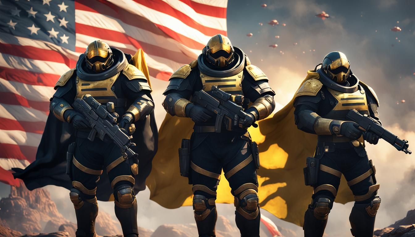 Helldivers 2 Team Posing in Front of Flag