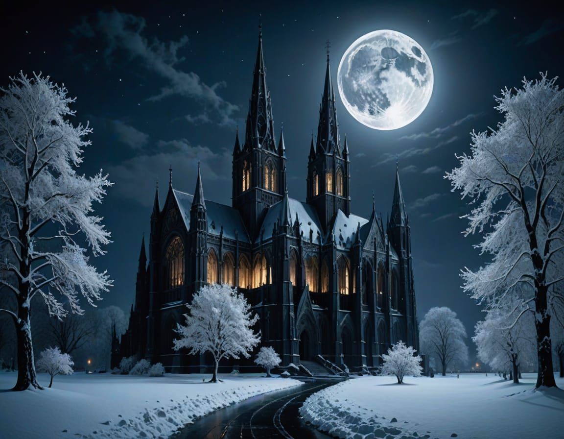 Gothic Cathedral at Night, Under a Full Moon
