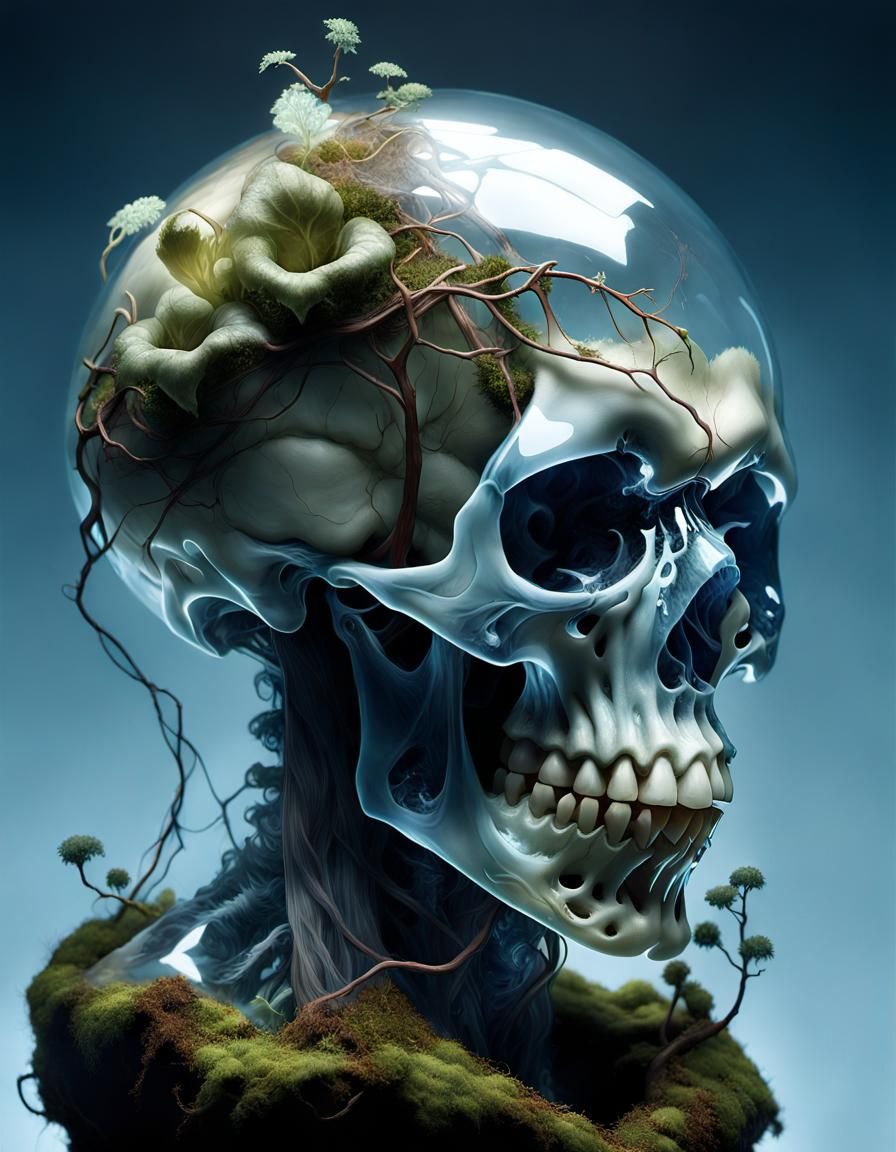 Surreal Transparent Skull with Vines and Moss