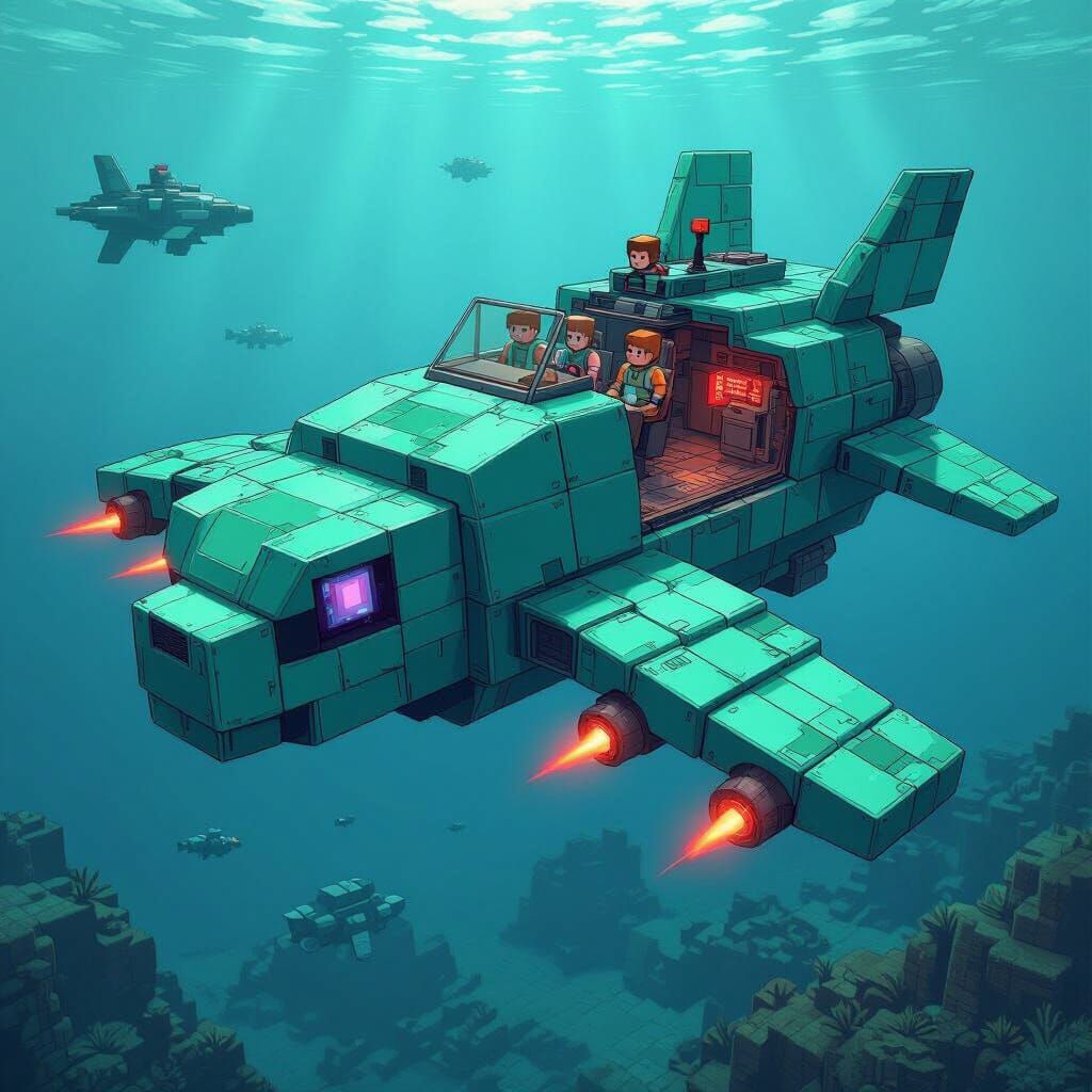 Minecraft Turtle Submarine Blueprint in Syd Mead Style