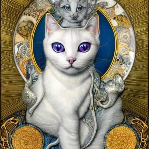 Bejeweled White Cat in Art Nouveau Stained Glass