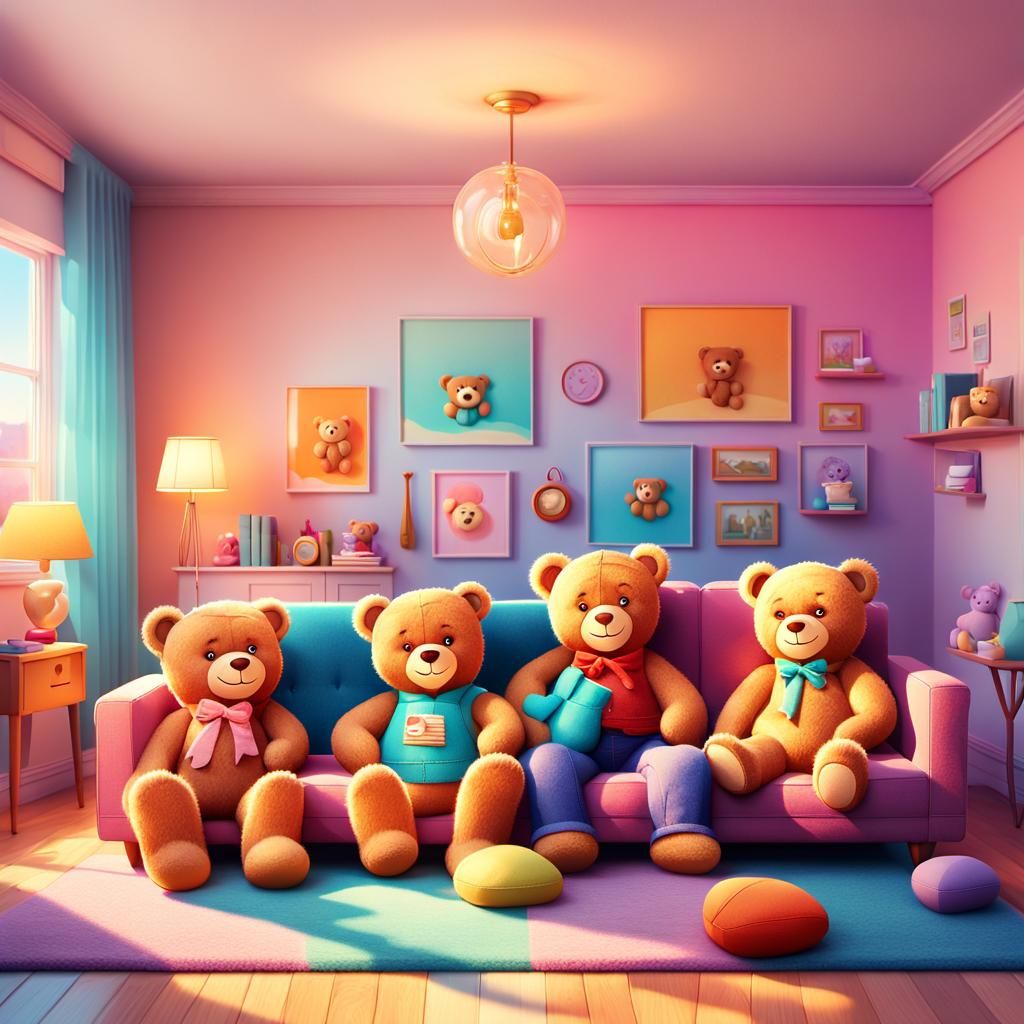 Cozy Teddy Bear Family in Vibrant Living Room