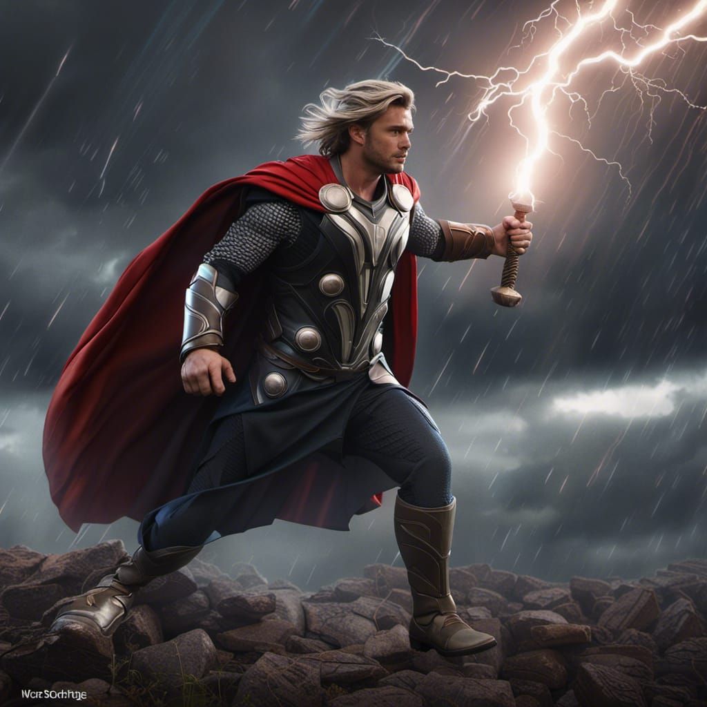 Thor Wielding Mjolnir in Lightning Storm