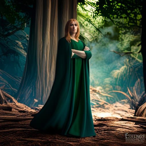 Strawberry Blonde Woman in Green Cloak