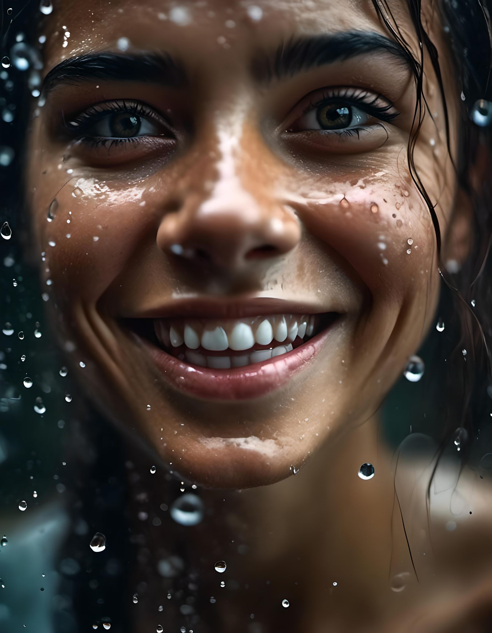 Joyful Colombian Woman Behind Wet Glass: Realistic Portrait