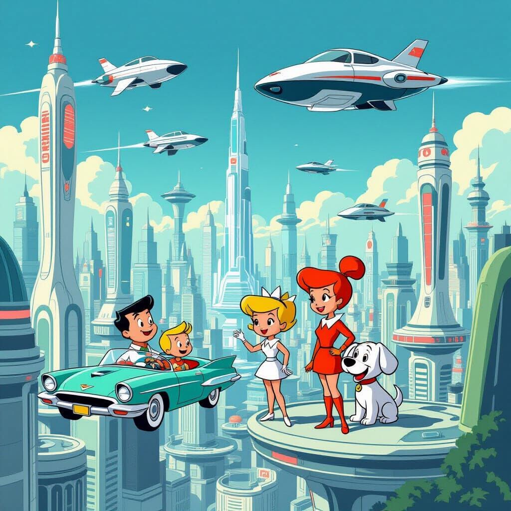 Retro-Futuristic Jetsons Cityscape with Flying Cars