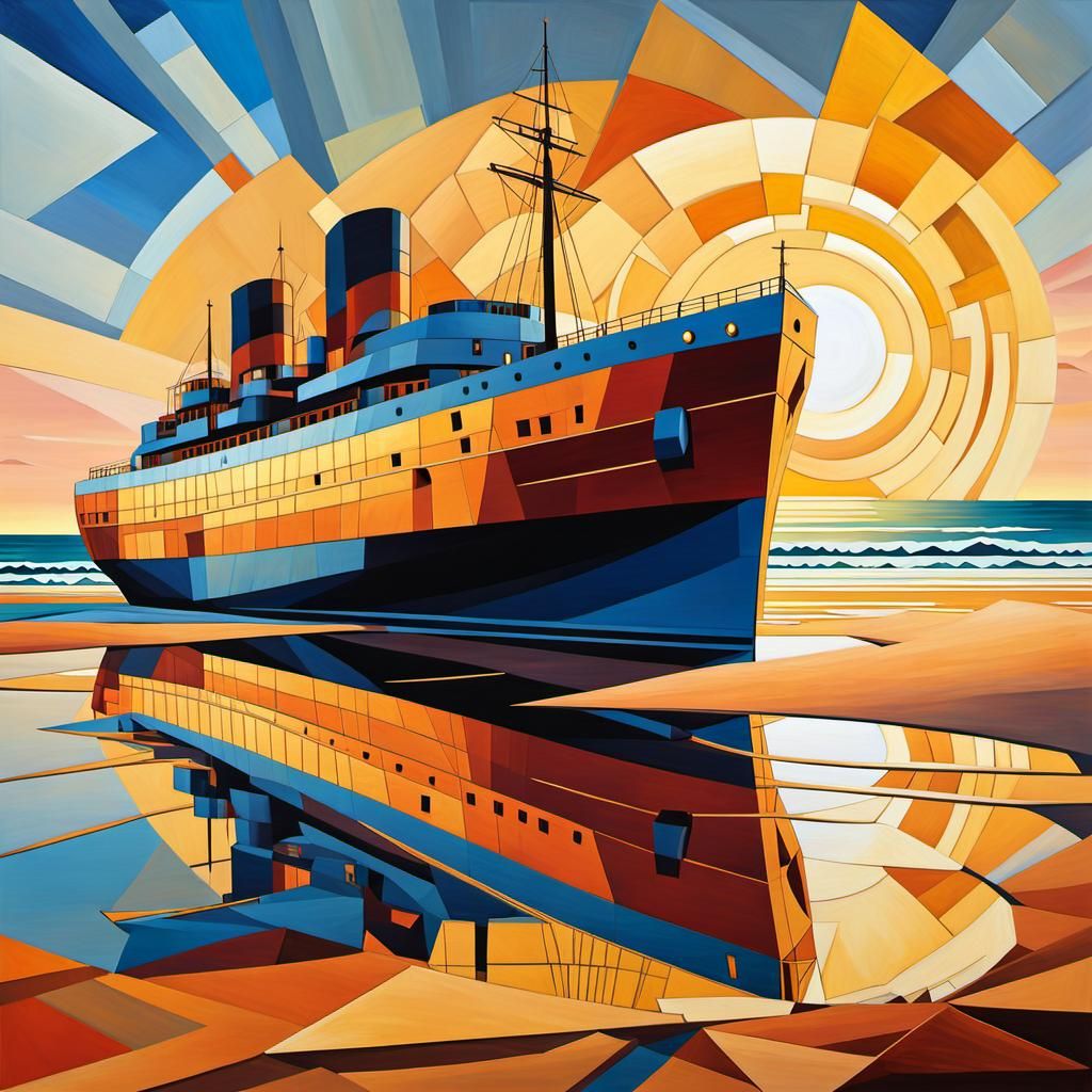 Grounded Ship: Cubist Painting on Desolate Beach