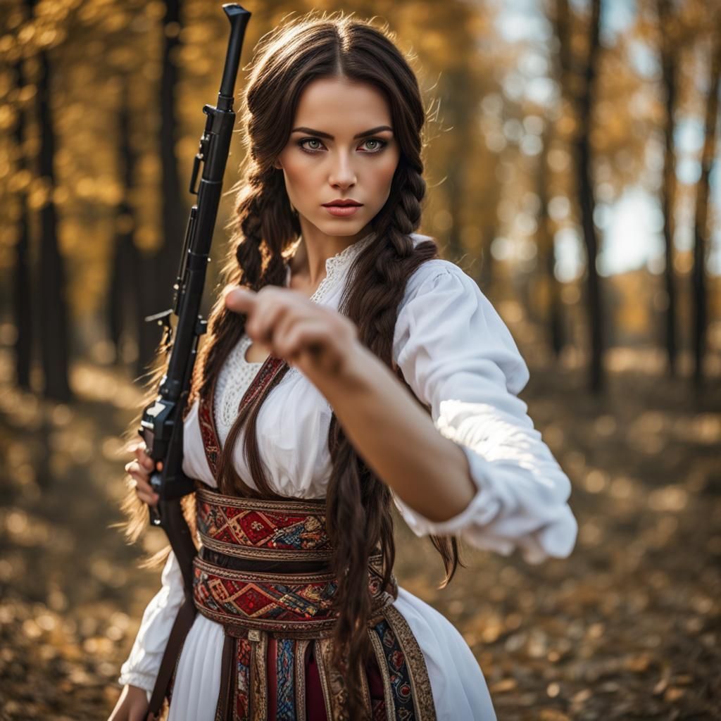Brunette in Serbian Clothes Aims Holster in Close-Up