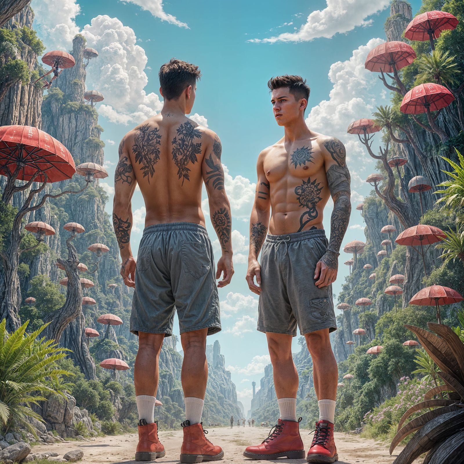 Surreal Chav Twins Prepare for College Bus Ride in Dreamlike...
