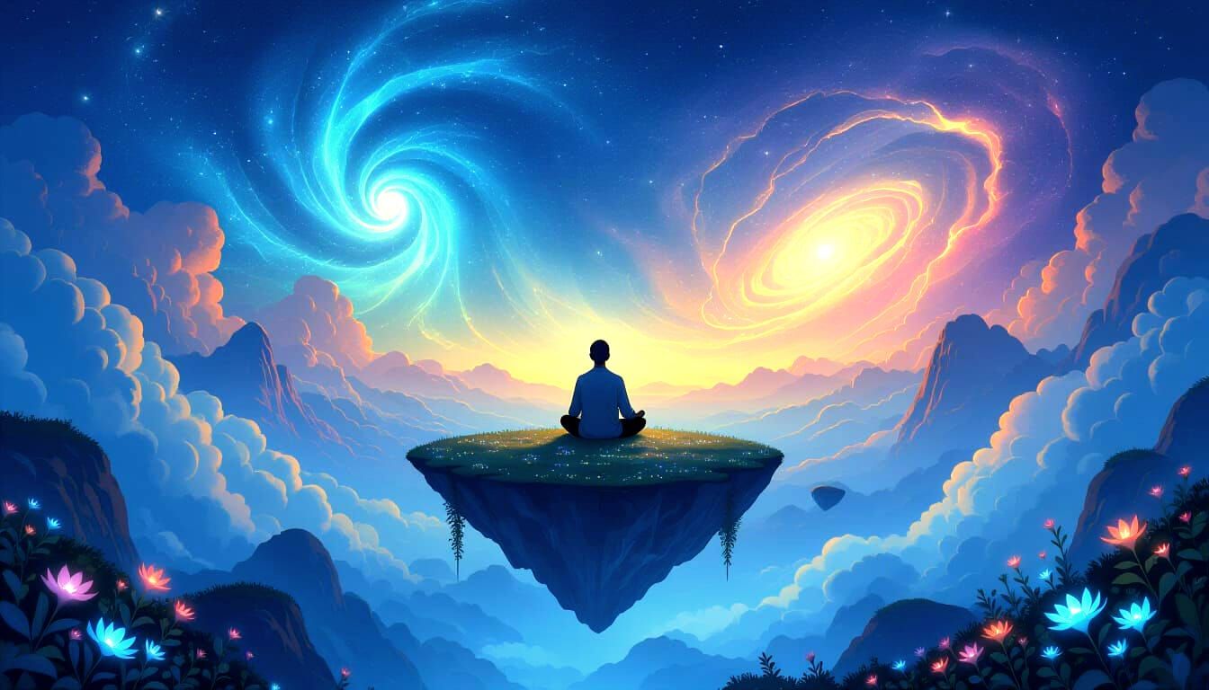 Art Nouveau Figure Meditating on Floating Island in Cosmic N...