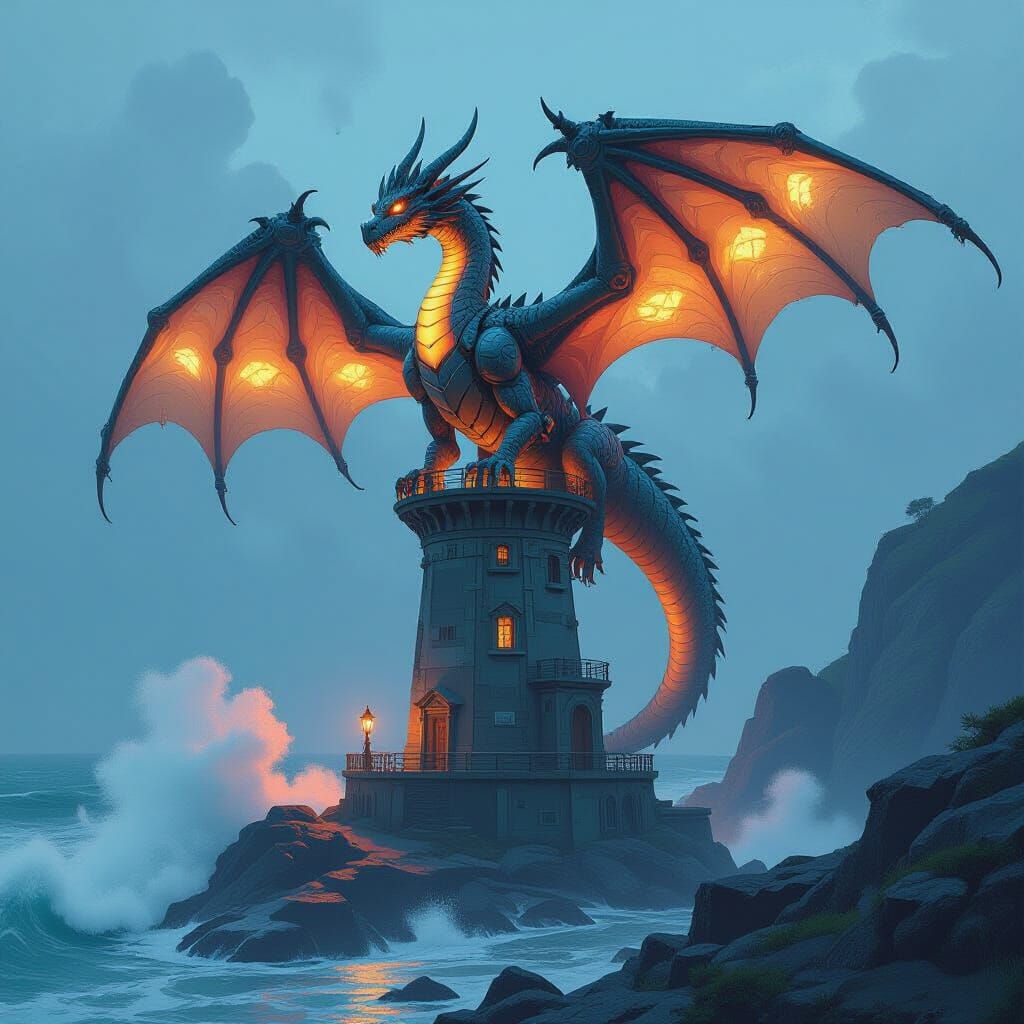 Mechanical Dragon on Futuristic Lighthouse