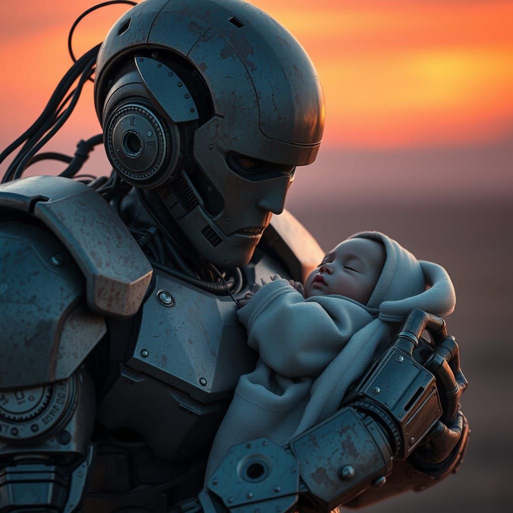 Cyberpunk Robot Warrior Tenderly Cares for Human Child