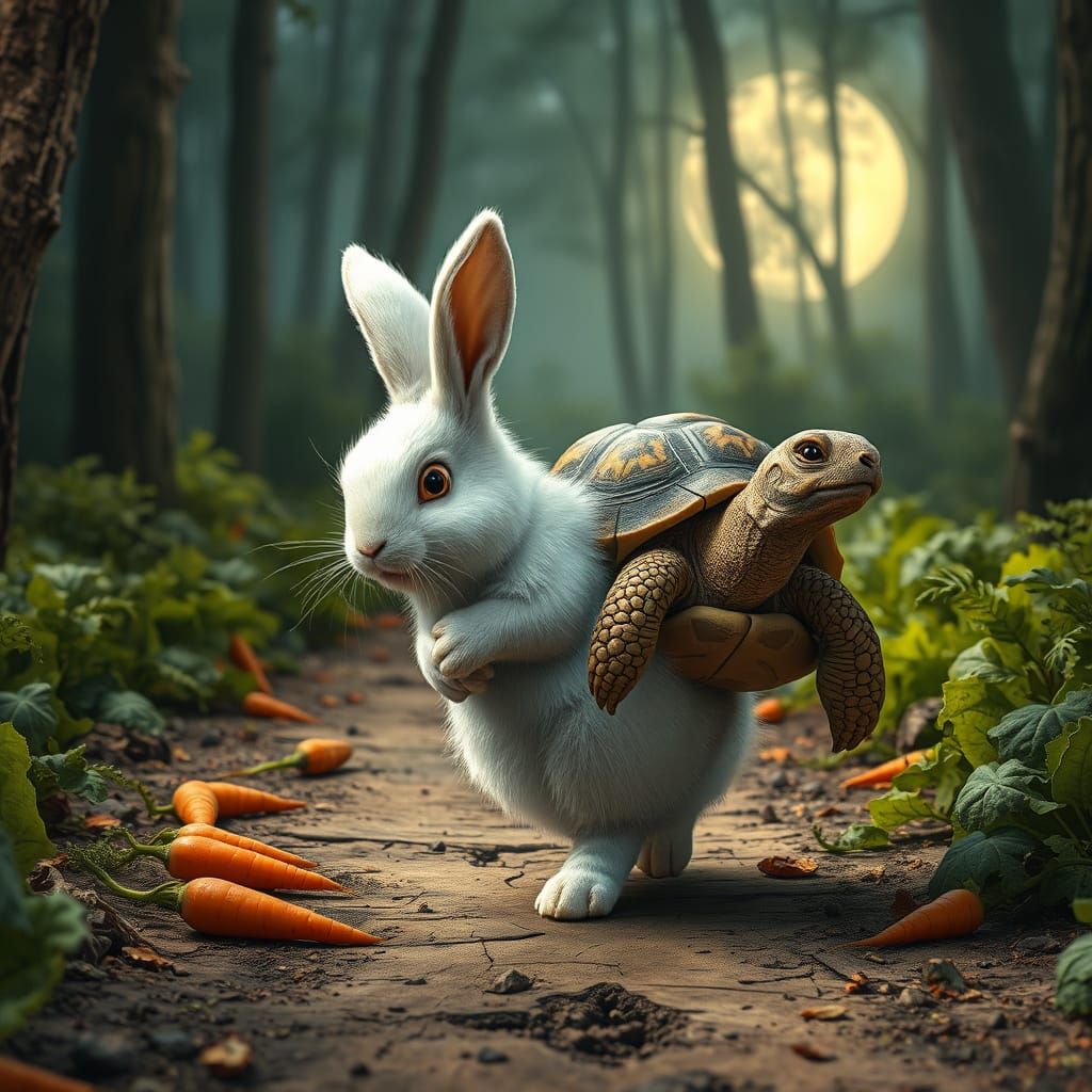 Fluffy Rabbit Carries Tortoise on Forest Path