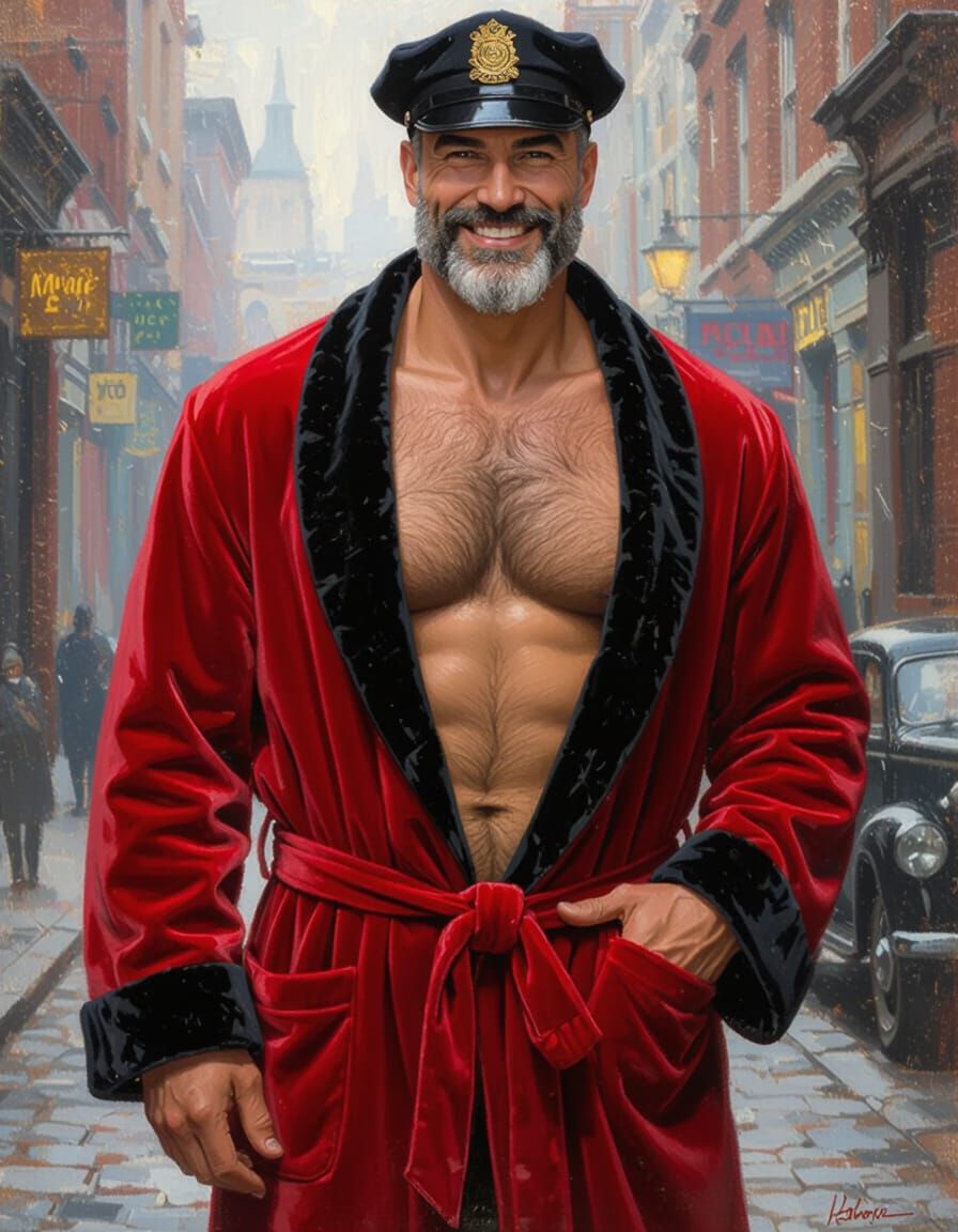Joyous Man in Red Velvet Bathrobe with Police Cap