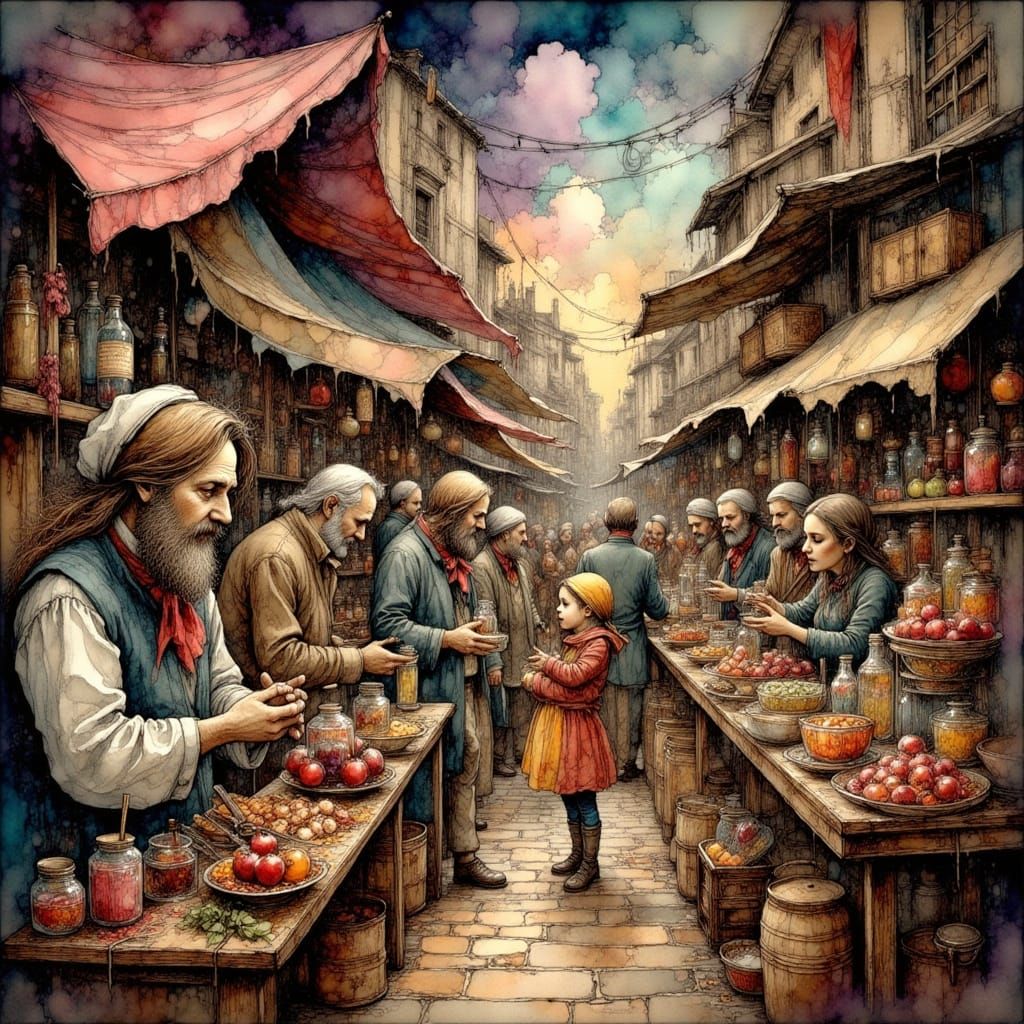 Surreal Marketplace Scene in Fantastical Style