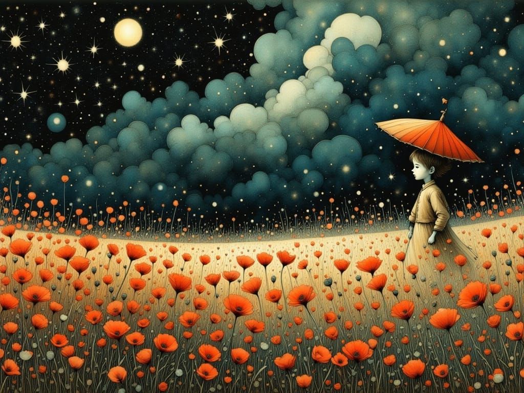Stormy Poppy Landscape in Whimsical, Dreamlike Style