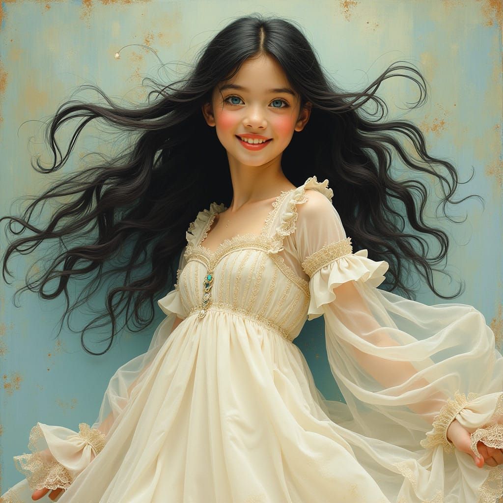 girl with black silky hair smile on her face blue eyes weari...