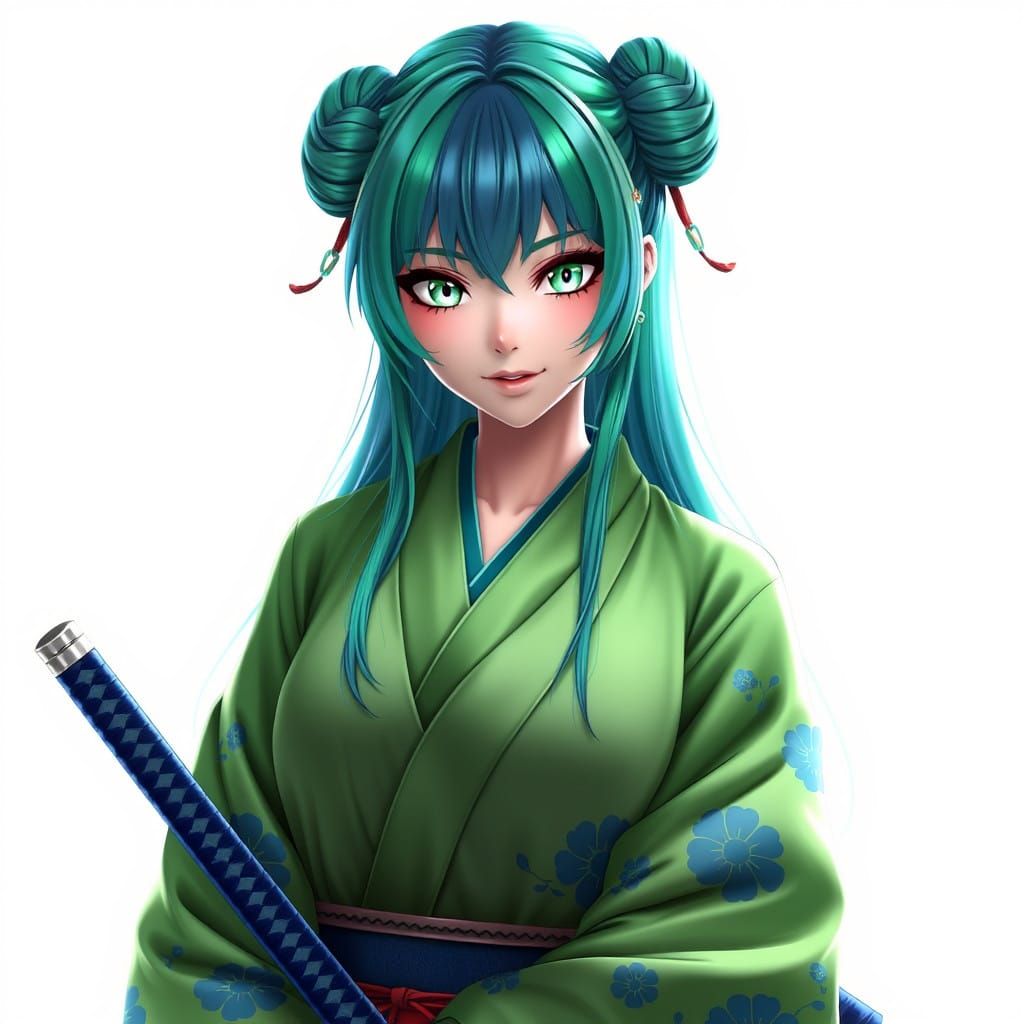 Anime Woman in Traditional Kimono with Katana, in a Cyberpun...