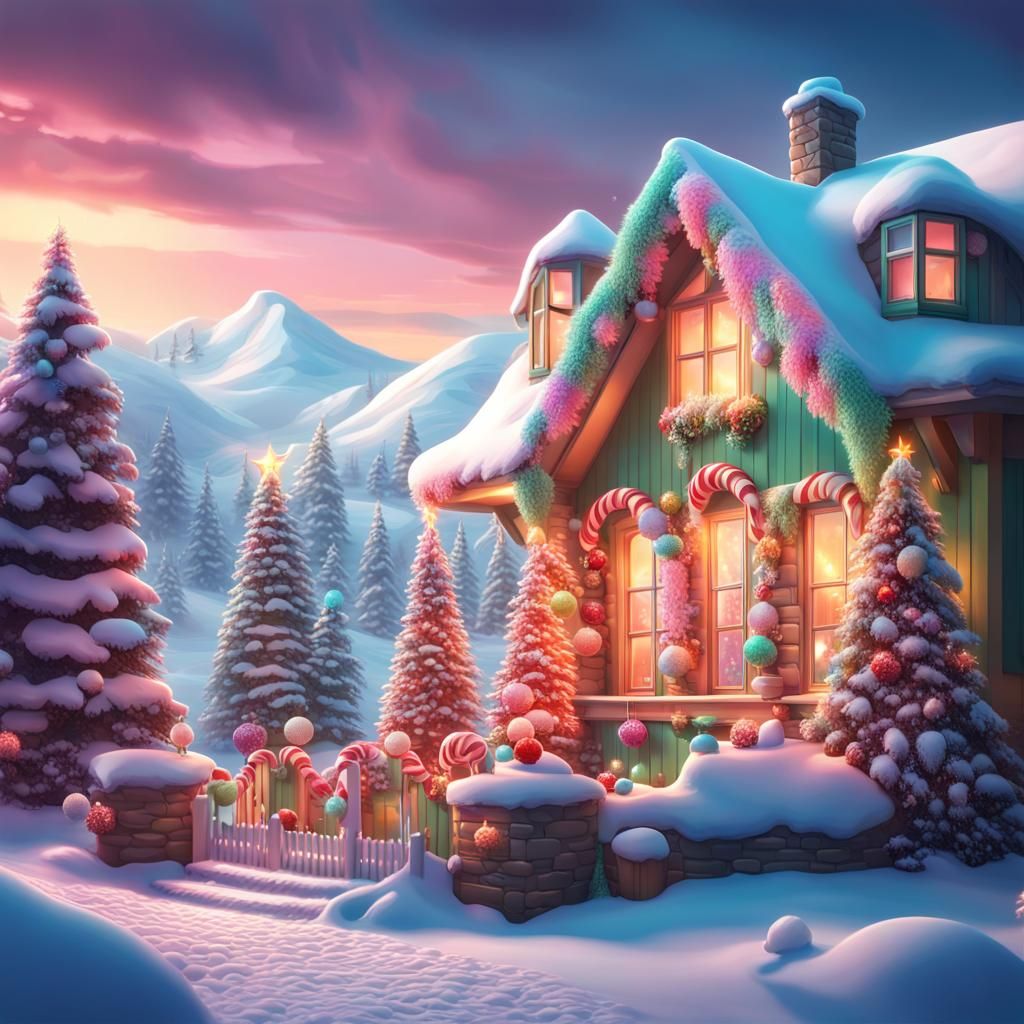Magical Winter Christmas Home in Candy Art Style
